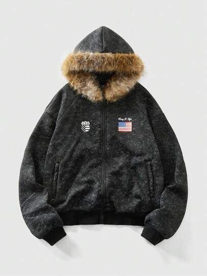 Street Life بلوزة رياضية مقنعة من الفليس بطبعة علم وطني، موضة الشارع للرجال