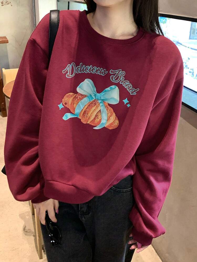 Women's Letter & Bow Print Crew Neck Long Sleeve Pullover Sweatshirt