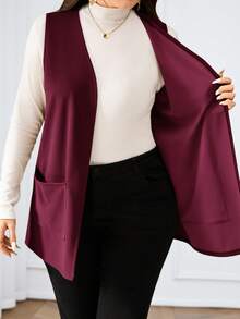 Miaspire Chaqueta casual suelta de unicolor sin mangas con bolsillo, para primavera/verano en otoño/invierno, talla grande - Burdeos - Ver 5