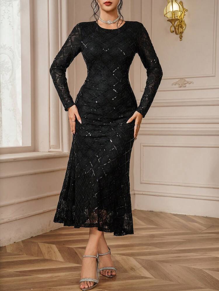 Women's Solid Color Round Neck Regular Shoulder Long Sleeve Elegant Mid-Length Dress Carnival Sparkly Dress Maxi Dress