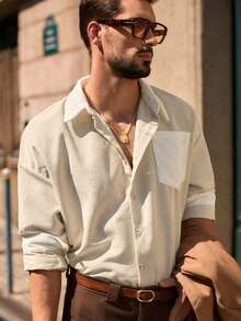 HIMLAND 男式休闲梭织拼接灯芯绒宽松插肩领夹克 - 彩色 - 查看 2