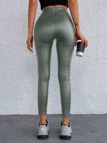 SHEIN Cottnline 女士纯色高腰PU皮革休闲打底裤 - 薄荷藍 - 查看 2
