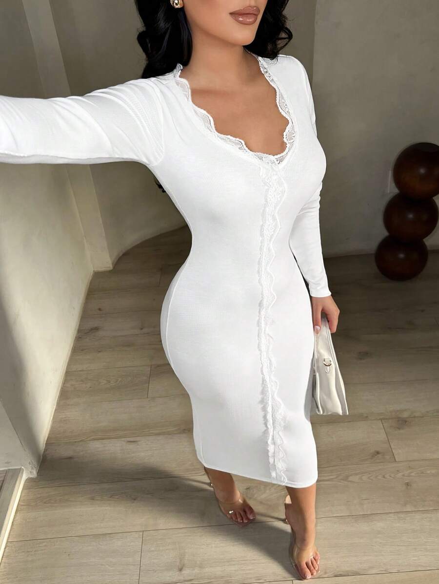 SHEIN SXY 女士优雅纯色蕾丝边修身连衣裙