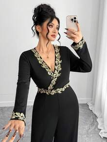 Elenzga 大码女式优雅长袖金色蕾丝拼接收腰直筒连体裤，适合日常通勤、派对、夜店穿着 - 黑色 - 查看 6