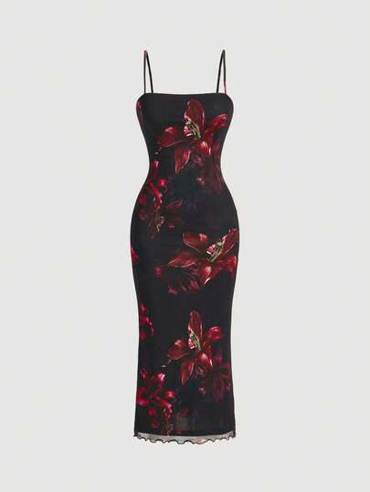 SHEIN MOD Red Floral Print Mesh Slip Dress, Black And Red Elegant Sexy Summer Party Birthday Outfits, Women's Cruise Prom Wedding Guest Night Dinner Beach Curve