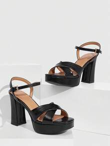 CUCCOO SZL Women's Casual Solid Color Thick Heel Platform Sandals For Christmas Valentine's Day Spring Shoes Prom Heels - Black - View 4