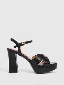 CUCCOO SZL Women's Casual Solid Color Thick Heel Platform Sandals For Christmas Valentine's Day Spring Shoes Prom Heels - Black - View 6