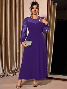 Cravure 大码女式亮片网纱拼接黑色针织面料灯笼袖连衣裙，适合夜店派对的优雅长款晚礼服 - 紫色 - 查看 6