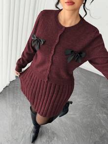 Elenzga Women's Elegant Sleeveless Dress With Long Sleeve Cardigan, Loose Fit Plus Size Knit Set, Outerwear Outfit, Winter Suit - Burgundy - View 4