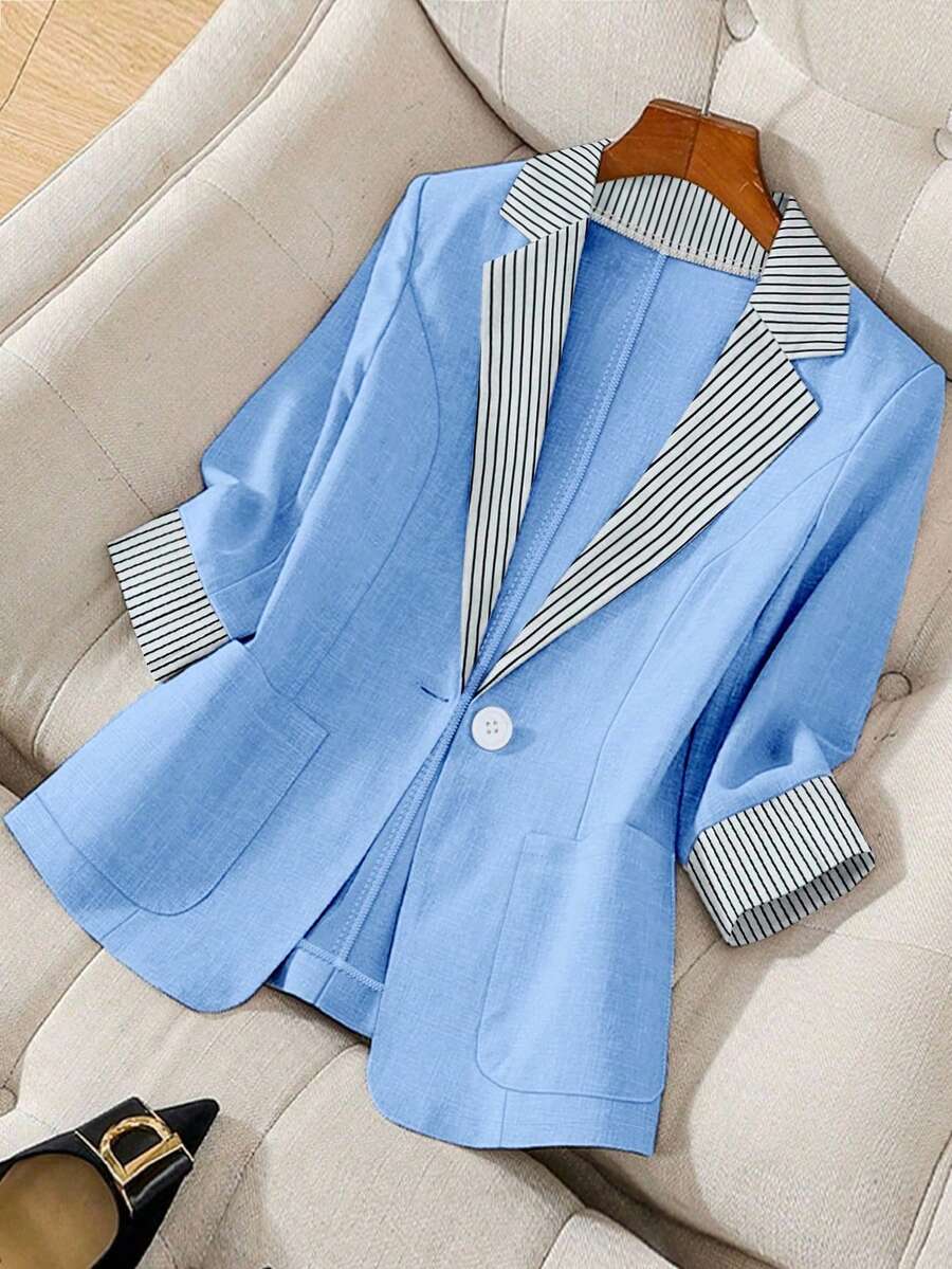 GlowEve CURVE Plus Size Women Striped Patchwork Button Long Sleeve Casual Blazer Jacket, Suitable For Commuting Graduation,Back To School,Teacher Outfits For Women Winter Fall Autumn - Blue - View 1