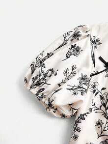 SHEIN MOD 收腰女士黑白碎花中国风泡泡袖短款连衣裙，职业装，塑身连衣裙 - 彩色 - 查看 5