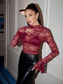 Lavishia Women's Lace Round Neck Fitted Flare Sleeve Top - Burgundy - View 5