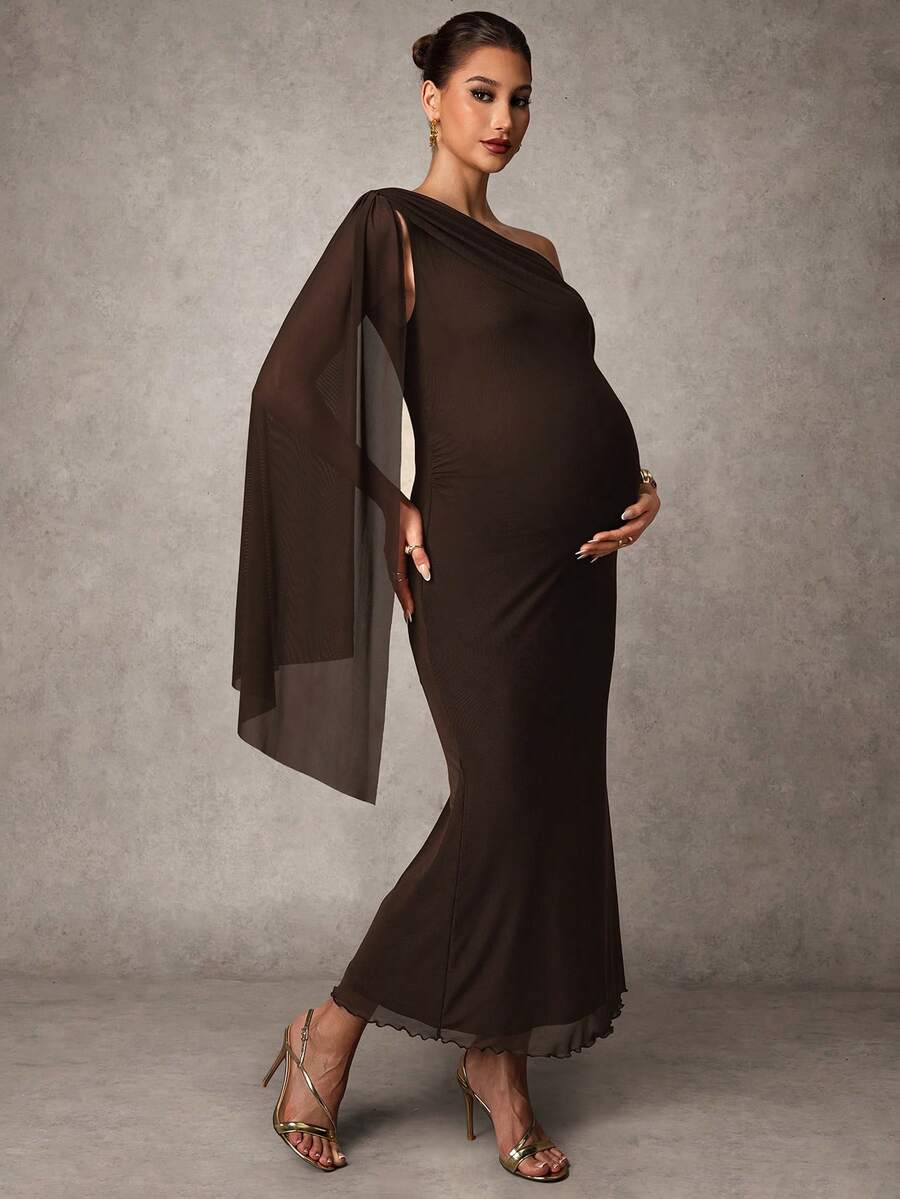 MaterniChic 优雅纯色单肩孕妇派对连衣裙