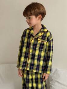 Dazy Kids 男童格子长袖单排扣上衣和裤子睡衣套装 - 黃色 - 查看 5