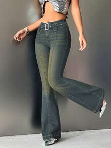SHEIN ICON Women's Low Waist Flared Leg Double Button Jeans - Dark Wash - View 3