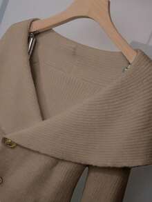 Franclia 女式简约时尚十字领纯色插肩袖金属纽扣修身开衫 - 杏色 - 查看 3