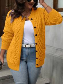 大码女式休闲纯色纽扣长袖开衫 - 黃色 - 查看 1