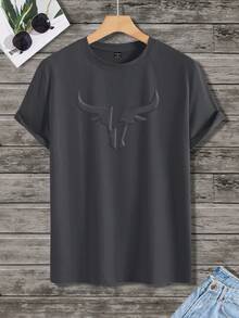 Manfinity LEGND 男士公牛图案休闲百搭圆领短袖T恤，夏季 - 深灰色 - 查看 2