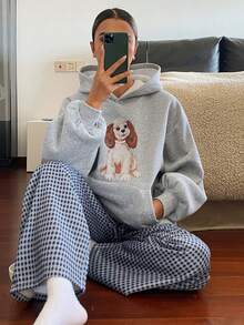 DAZY 女士狗狗印花抓绒卫衣上衣和格子睡裤套装，冬季 - 灰色 - 查看 9