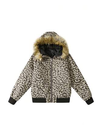 Grunge Punk Giacca con cappuccio con chiusura lampo e colletto in pelliccia sintetica, stampa leopardata, per l'inverno, da uomo