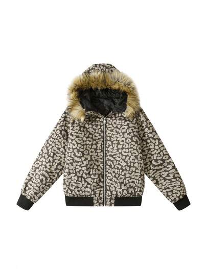 Grunge Punk Veste à capuche à fermeture éclair à manches longues pour hommes avec col en fausse fourrure, imprimé léopard, hiver