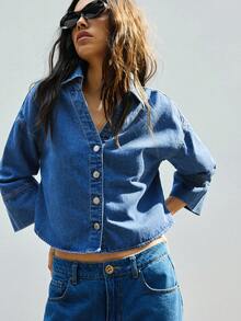 Maija Women's Dark Blue Denim Blouse, 3/4 Sleeve, Urban Commute Business Casual, Office Wear, Elegant For Christmas, New Year Party