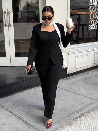 Dripcurv Plus-Size Women's Black Winter Fashion Elegant Suit And Trousers Set, Waist-Cinching Urban Commuting Suit Set, Simple Classic Style, Perfect For New Year's Outfits And Valentine's Day.