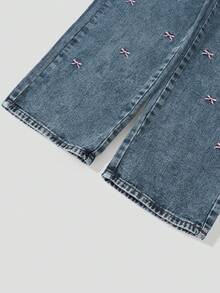 SHEIN ChillGRL Teen Girl Casual Embroidered Bow Wide Leg Aesthetic Jeans Fall Winter - Blue - View 6