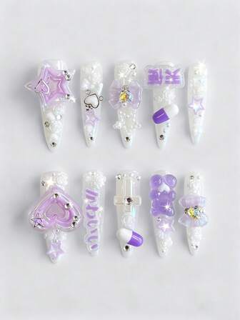 Anime 10pcs Cute Bowknot Music Note Star Element High Quality Handmade False Nails + 3pcs Double-Sided Adhesive, Y2K French Style Rhinestone Chain Polka Dot Removable Nail Art Stickers, Suitable For Holidays, Parties, Dancing And Daily Wear