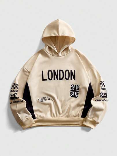 Street Life Men's Fashionable Street Hoodie With Letter, UK Flag, And Number Print, Contrast Color, Thermal Lining, Warm For Autumn/Winter