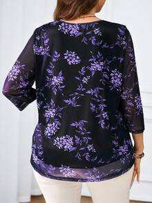 Miaspire Áo kiểu nữ cỡ lớn màu xanh hải quân in hoa, tay lỡ 3/4, thích hợp cho mùa hè. - Màu tím - Xem 2