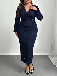 Firerie 大码优雅通勤精致高端场所精致下午茶，略带性感的约会音乐会派对闪亮面料深 V 腰部褶皱修身长袖超长鱼尾连衣裙，初秋 - 藏蓝色 - 查看 3