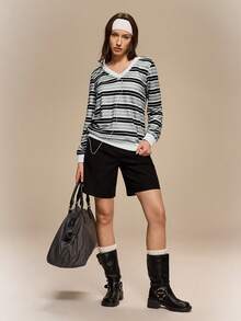 Hanevo 休闲撞色条纹V领卫衣，秋季 - 彩色 - 查看 3