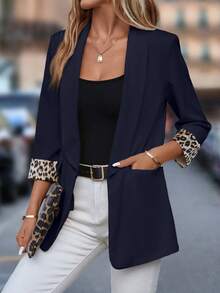 SHEIN Clasi Leopard Print Shawl Collar Open Front Blazer In Fall/Winter - Blue - View 5
