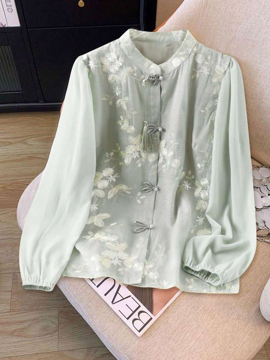 GlowEve 花卉刺绣立领纽扣优雅长袖女式衬衫 - 綠色 - 查看 1