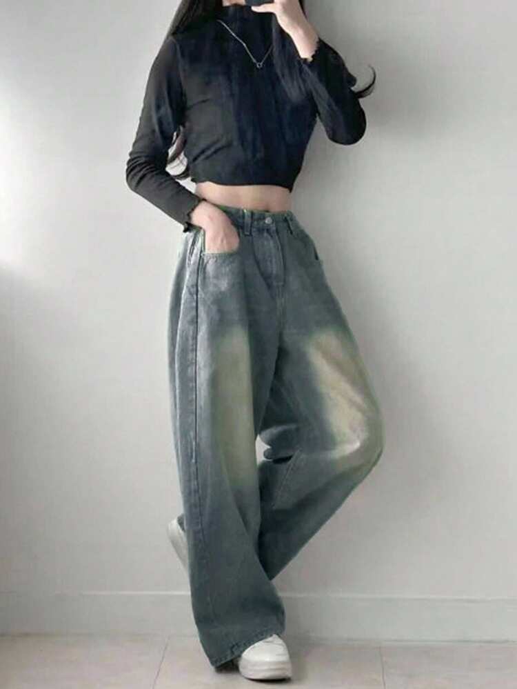 DAZY Jeans anchos de pierna ancha con lavado vintage casual para mujer, estilo Y2K - Lavado ligero - Añade 4