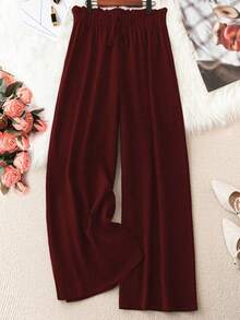 SHEIN PETITE CURVE 大码女式梭织纯色荷叶边系带阔腿休闲黑色长裤，春夏款 - 酒紅色 - 查看 1