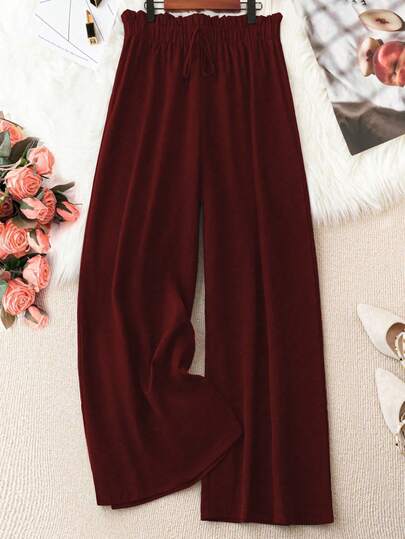 SHEIN PETITE CURVE Plus Size Women's Woven Solid Color Ruffle Hem Tie Waist Wide Leg Casual Black Pants, Spring/Summer