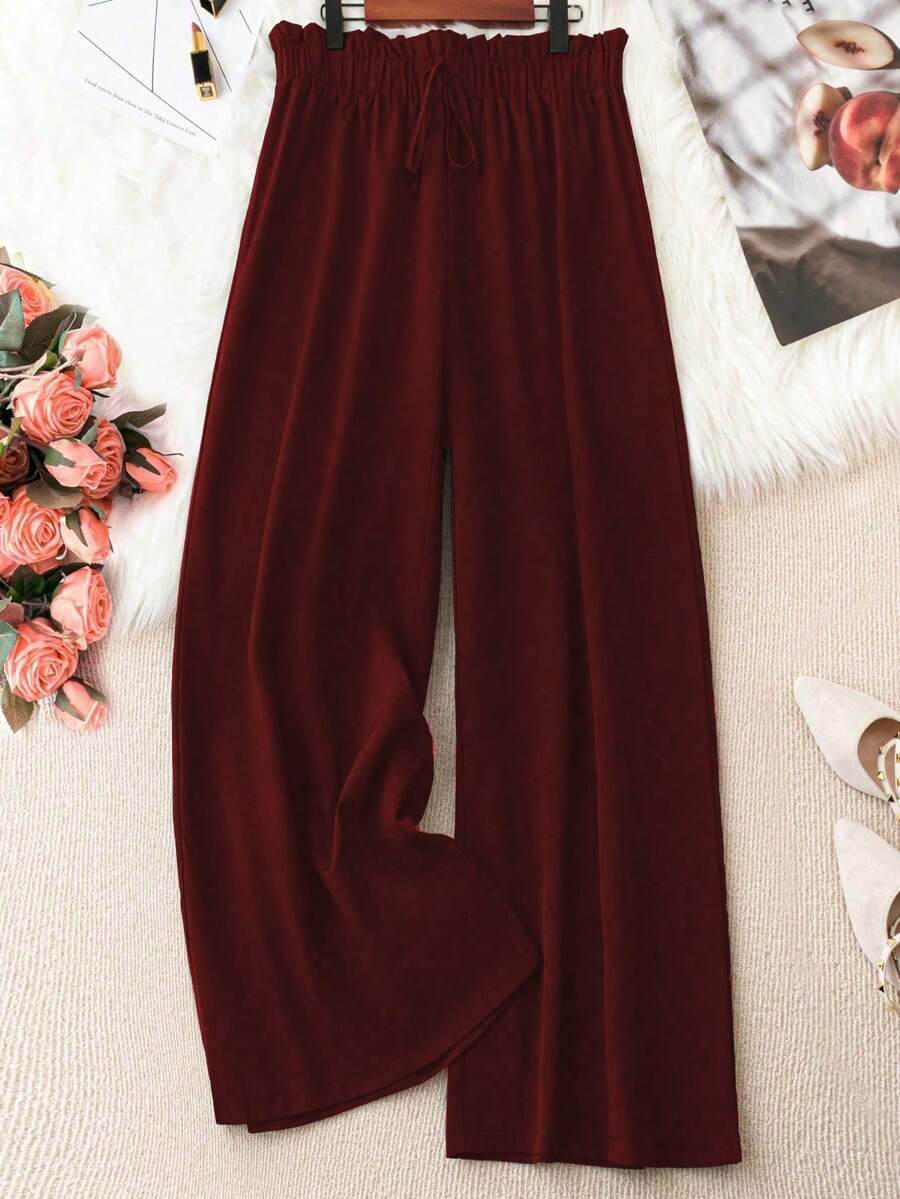 SHEIN PETITE CURVE 大码女式梭织纯色荷叶边系带阔腿休闲黑色长裤,春夏款 - 酒紅色 - 查看 1