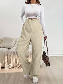 SHEIN Quần dài bà bầu màu trơn đơn giản có dây rút ở eo - Màu Khaki - Xem 3