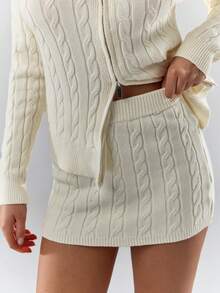 Glamine Conjunto de 2 piezas de top de manga larga con cremallera y cable retorcido, y minifalda de punto para mujer. Ropa neutral de otoño, vestidos de suéter, conjuntos neutrales, outfit con botas - Blanco - Ver 4