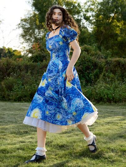 SHEIN MOD 1pc Women's Van Gogh "Starry Night" Print Blue Dress (Without White Inside Petticoat), Retro Palace Style Puff Sleeve, Art Series