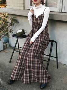 FRIFUL 女士休闲日常通勤学院风印花拉链前开襟纸袋腰吊带中长连衣裙，春夏秋季连衣裙