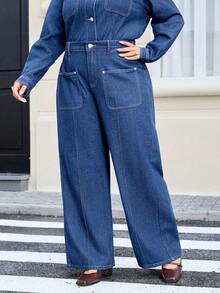 EMERY ROSE Celana Jeans Denim Cuci Ukuran Besar untuk Liburan Kasual - Medium Wash - View 5