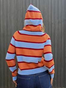 SHEIN Unity Casual Vintage Colorblock Striped Hooded Sweater, Autumn/Winter, New Year , Christmas Looks - Multicolor - View 2
