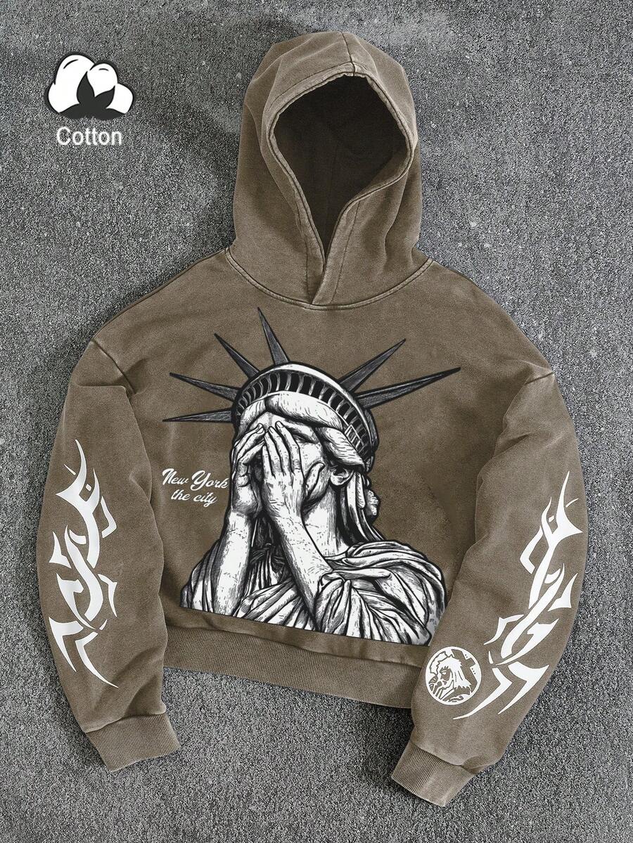 PAVTROS 男士宽松印花连帽衫 - 咖啡棕 - 查看 1