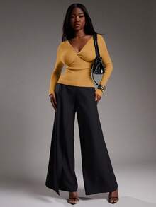 NYA SZN 长袖深V领扭结修身日常休闲商务休闲罗纹针织衫，适合教堂、办公室、教师返校季、秋冬季通勤穿着。 - 黃色 - 查看 3