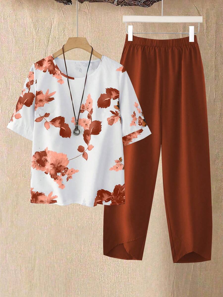 SHEIN LUNE 2件套女士碎花圆领短袖上衣和裤子,新年休闲装 - 鏽棕色 - 查看 1