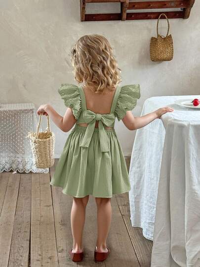 LMoss Kids Cute Summer Bowknot Hollow Out Apricot Short Cap Sleeve Dress For Baby Girl