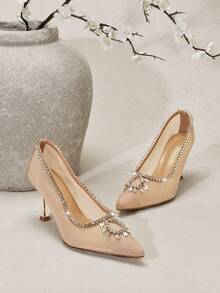 SHUZIA Women's Fashionable Sexy Point Toe Mesh Rhinestone Embellishments Pumps - Beige - View 6